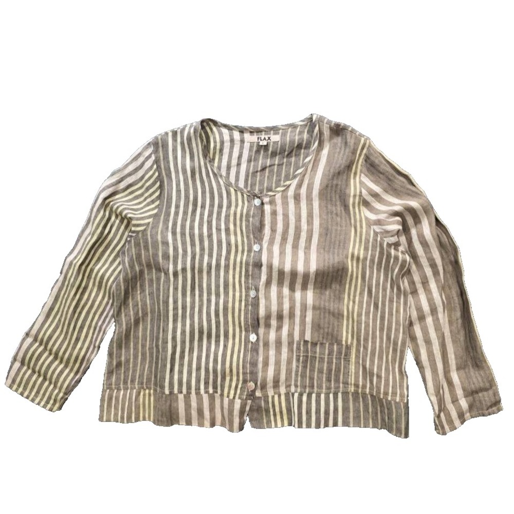 FLAX Striped Blouse Button Down Boxy Crop Lagenlook Linen Size Large A011453